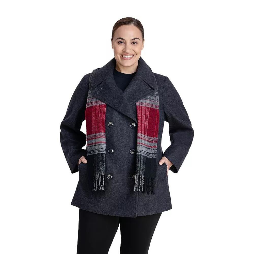 London Fog Women's 1X Pea Coat with Scarf Gray Wool Blend  NEW